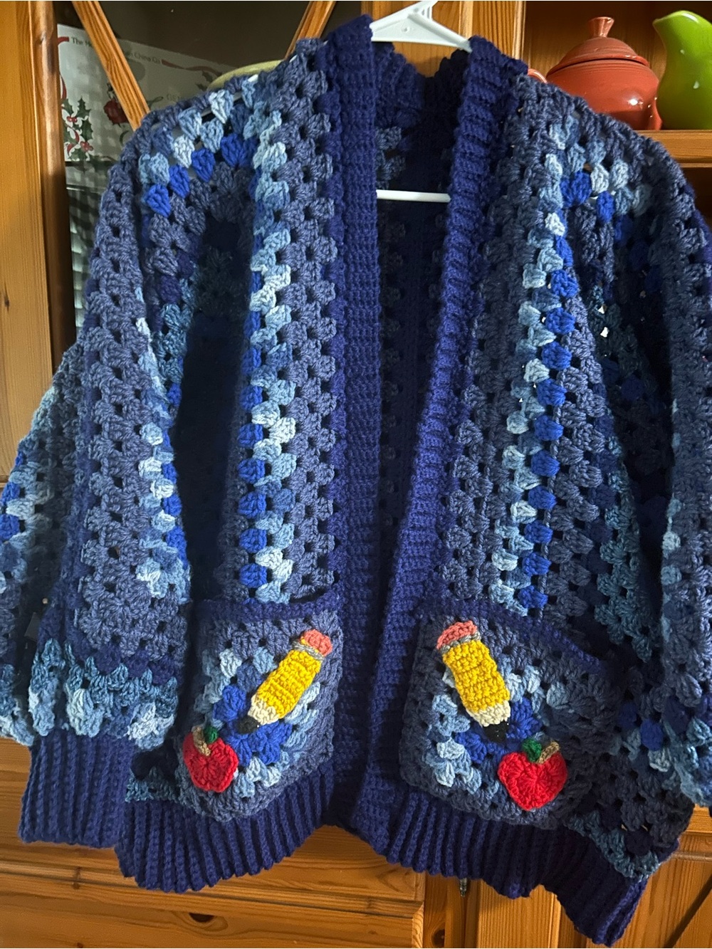Teacher Boho Crochet Cardigan with Pocket Appliqués ✏️🍎!!!